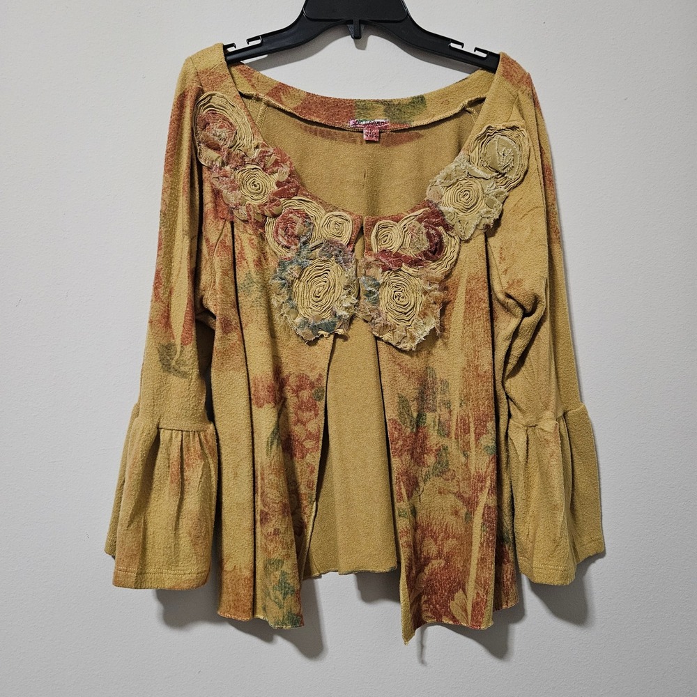 DB Sport Womens Yellow Floral Rosette Bell Sleeve Cardigan Top Style 1043 Large